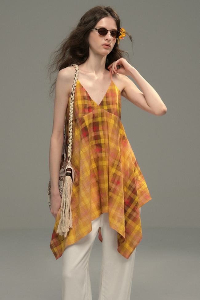 Orange Sunset Irregular Plaid Halter Top Mori Kei Fashion