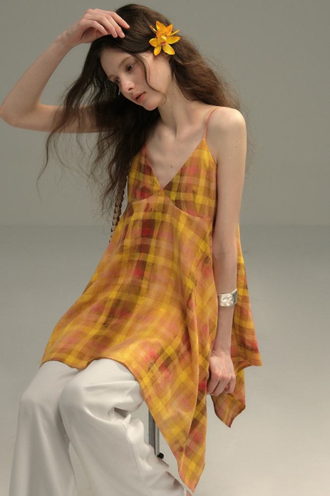 Orange Sunset Irregular Plaid Halter Top Mori Kei Fashion