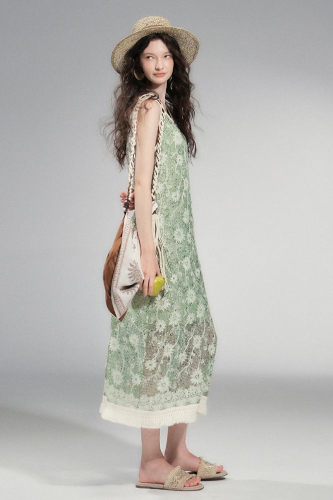 Moss Letter Hollowed Tassel Green Dress Mori Kei Clothes