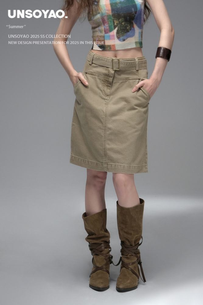 Nomadic Star High Elasticity Top Retro Khaki Skirt Mori Kei Outfits