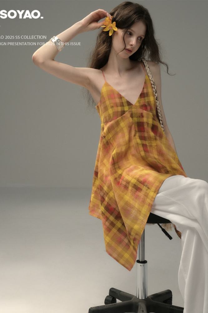 Orange Sunset Irregular Plaid Halter Top Mori Kei Fashion