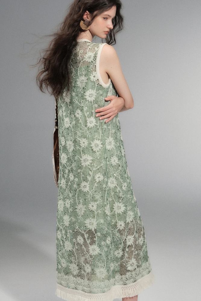 Moss Letter Hollowed Tassel Green Dress Mori Kei Clothes