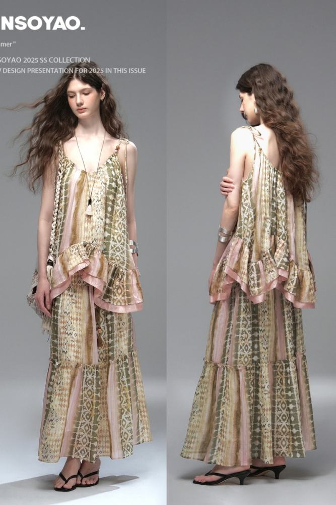 Santorini Letters Bohemian Halter Top Green Skirt Mori Kei Style