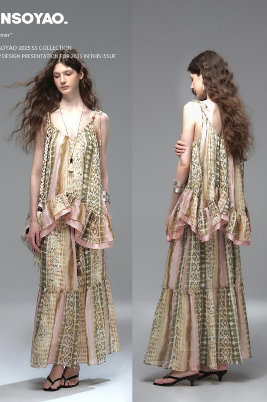 Santorini Letters Bohemian Halter Top Green Skirt Mori Kei Style