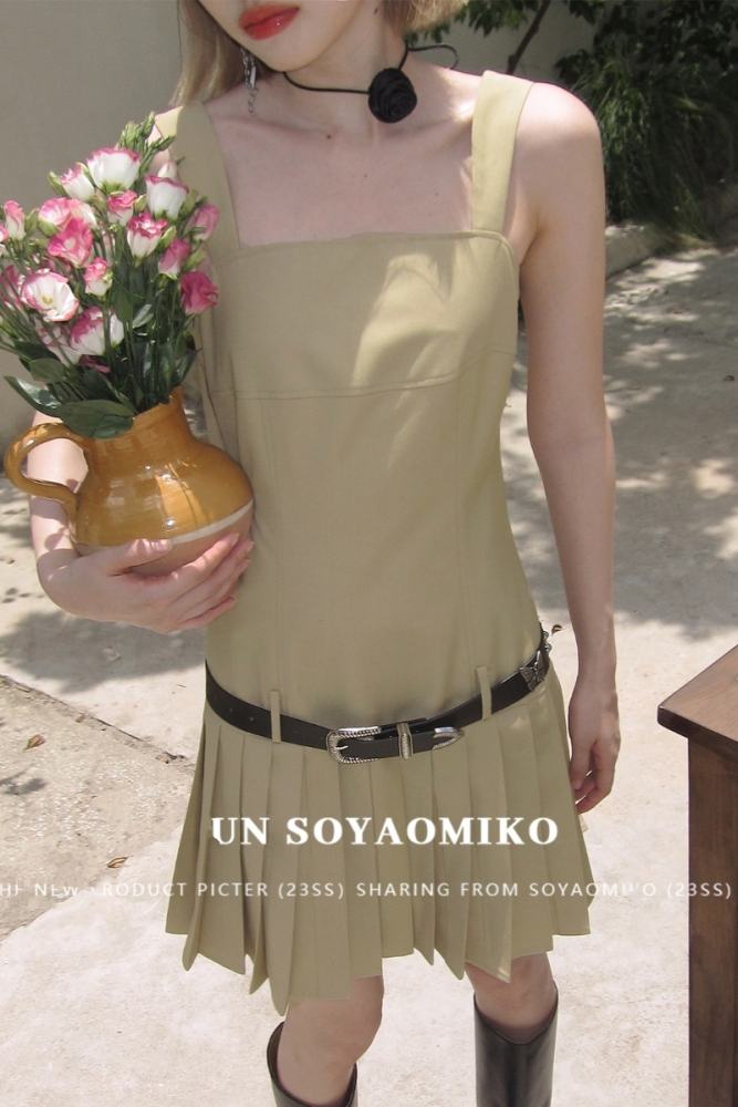 Cold Milk Tea Patchwork Pleated Khaki Dress Mori Kei Outfits