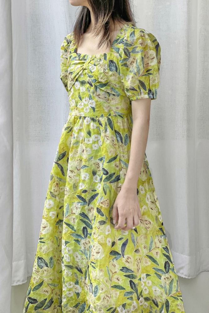 French Square Neck Floral Green Dress Mori Kei Outfits