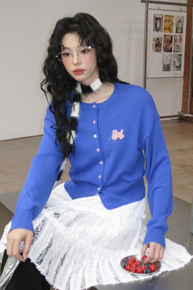 Happy Tata Embroidered Blue Cardigan Mori Kei Fashion