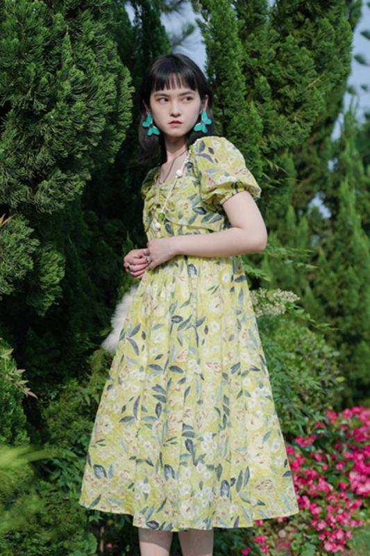 French Square Neck Floral Green Dress Mori Kei Outfits