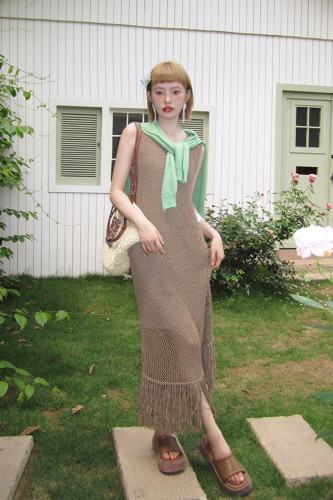 Flowers Stream Tassel Hollowed Vest Dress Mori Kei Clothes