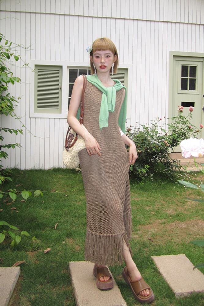 Flowers Stream Tassel Hollowed Vest Dress Mori Kei Clothes
