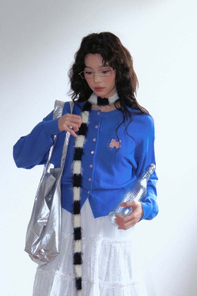 Happy Tata Embroidered Blue Cardigan Mori Kei Fashion