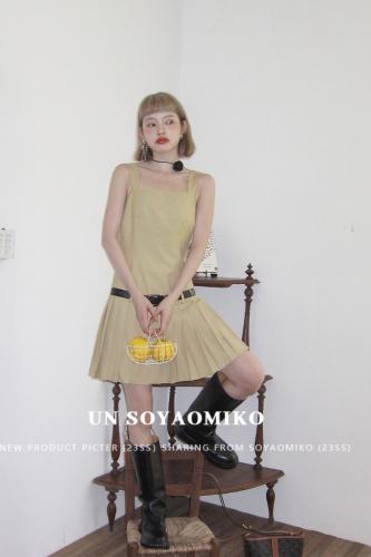 Cold Milk Tea Patchwork Pleated Khaki Dress Mori Kei Outfits