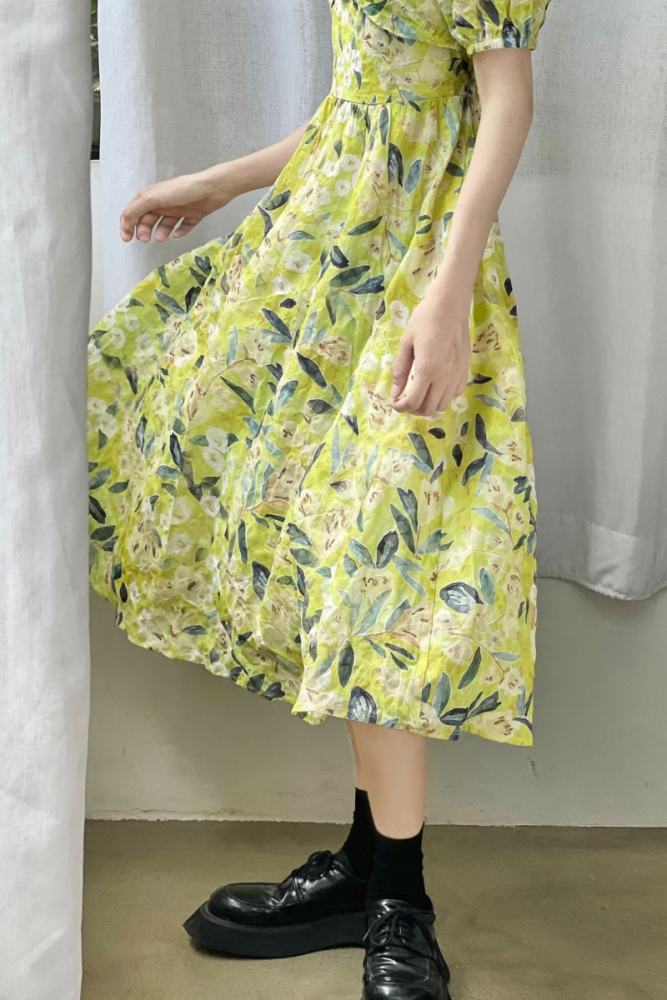 French Square Neck Floral Green Dress Mori Kei Outfits