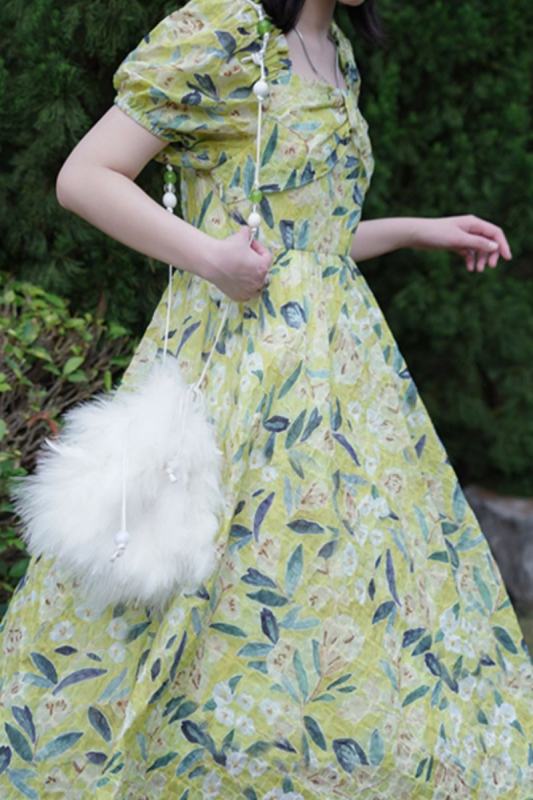 French Square Neck Floral Green Dress Mori Kei Outfits