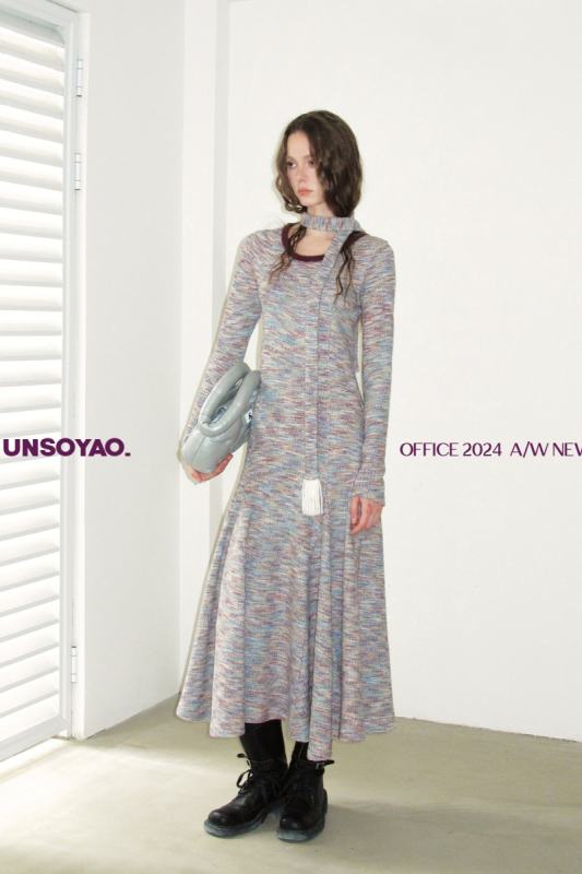 Retro Mixed Colors Knitted Long Dress Mori Kei Outfits