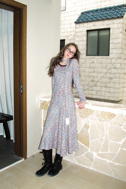 Retro Mixed Colors Knitted Long Dress Mori Kei Outfits