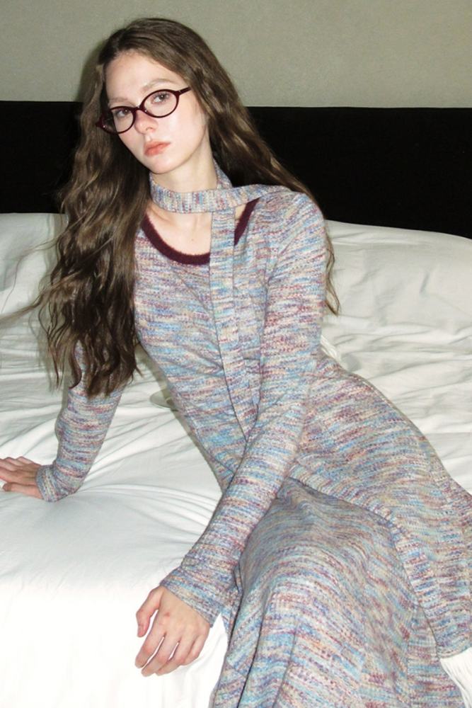 Retro Mixed Colors Knitted Long Dress Mori Kei Outfits