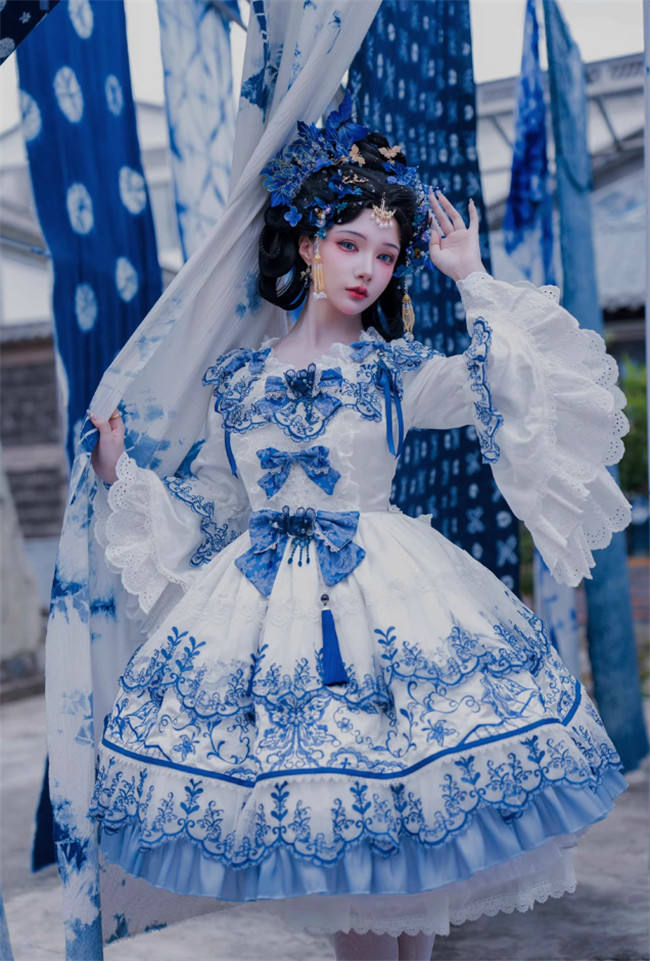 blue dress rose The Regina Dress in Navy Tudor Rose Brocade 12 main image 1