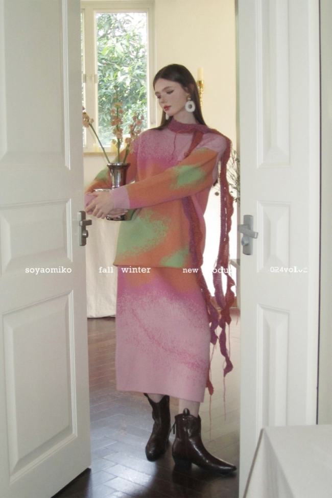 Ice Peach Gradient Colors Sweater Pink Skirt Mori Kei Style