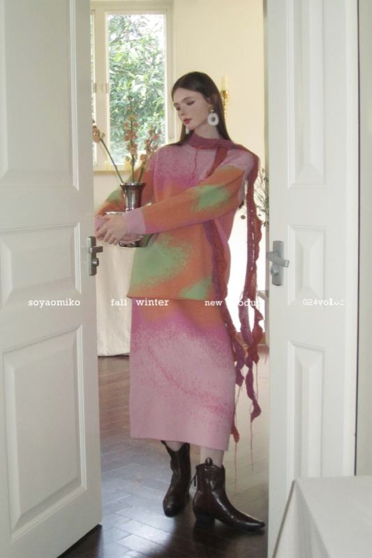 Ice Peach Gradient Colors Sweater Pink Skirt Mori Kei Style
