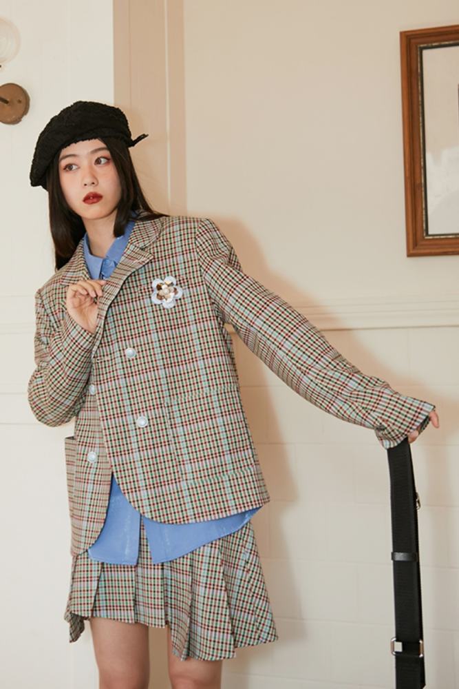 The Sunset Campus Plaid Coat Khaki Skirt Mori Kei Outfits