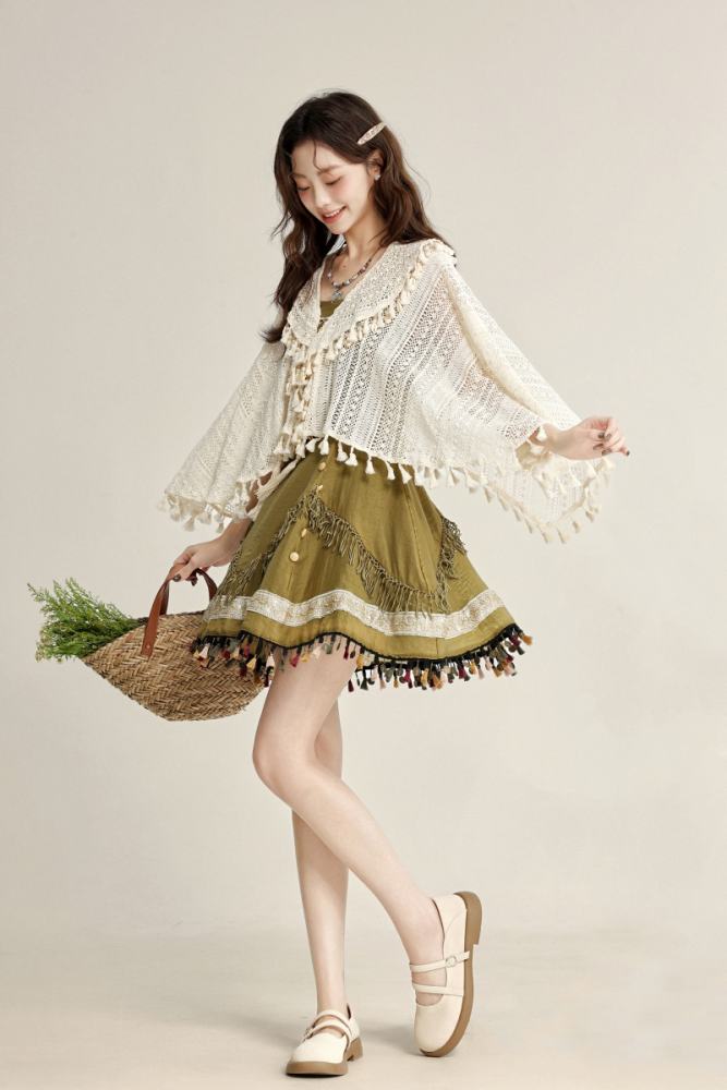 Island Forest Fringed Strapless Green Dress Mori Kei Fashion