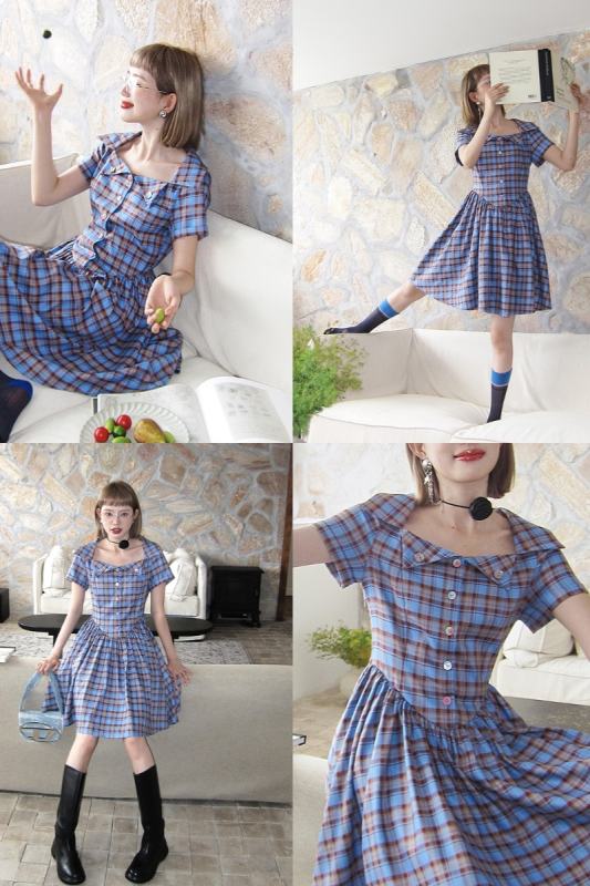 Sea Breeze Red Blue Plaid Lapel Dress Mori Kei Outfits