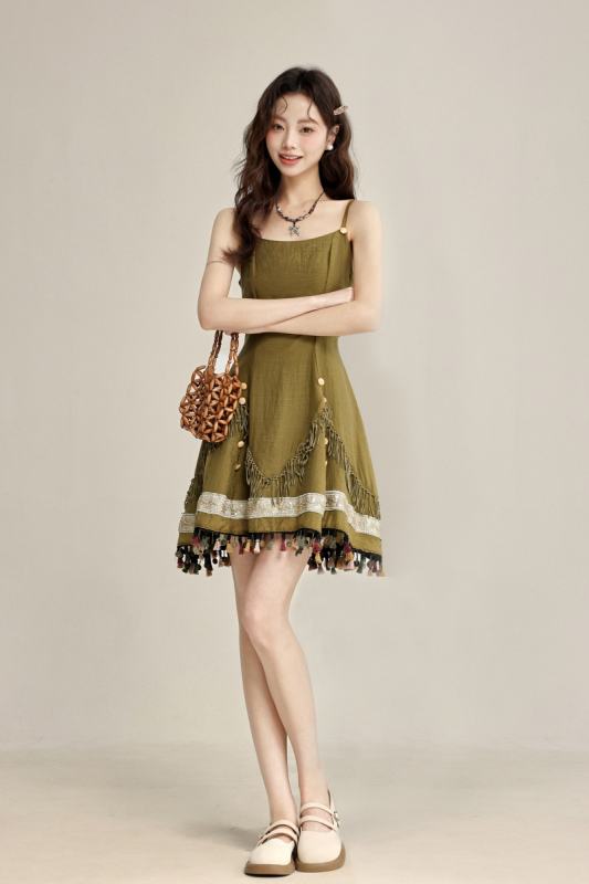 Island Forest Fringed Strapless Green Dress Mori Kei Fashion