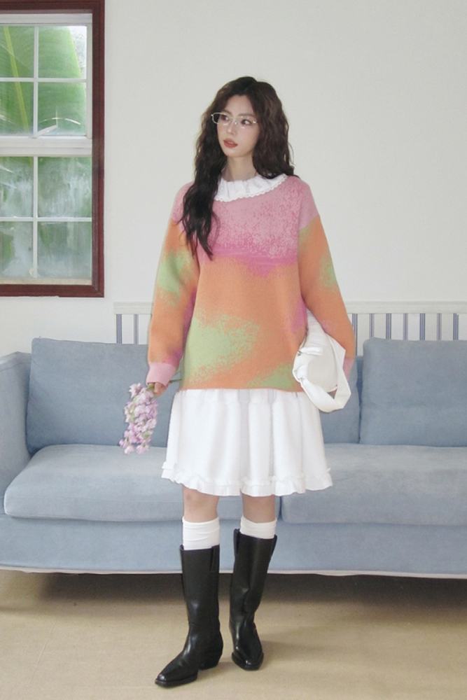 Ice Peach Gradient Colors Sweater Pink Skirt Mori Kei Style