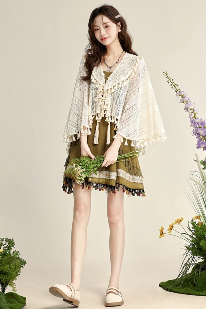 Island Forest Fringed Strapless Green Dress Mori Kei Fashion