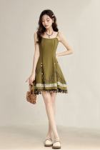 Island Forest Fringed Strapless Green Dress Mori Kei Fashion