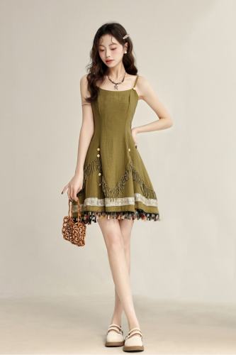 Island Forest Fringed Strapless Green Dress Mori Kei Fashion