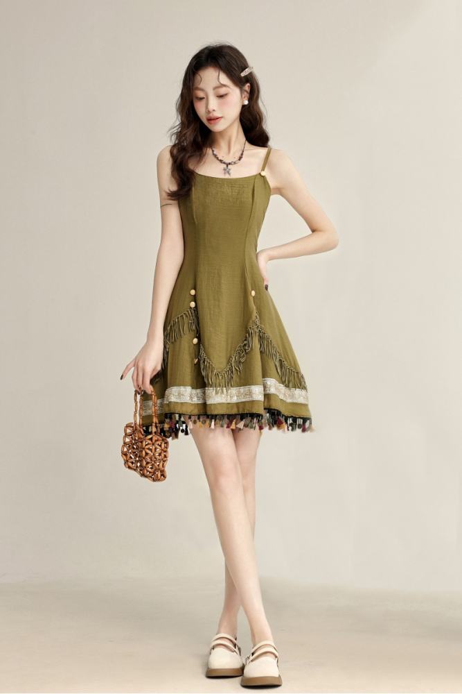 Island Forest Fringed Strapless Green Dress Mori Kei Fashion