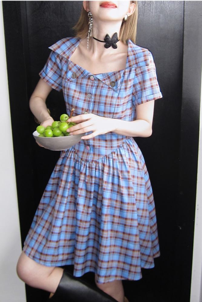 Sea Breeze Red Blue Plaid Lapel Dress Mori Kei Outfits