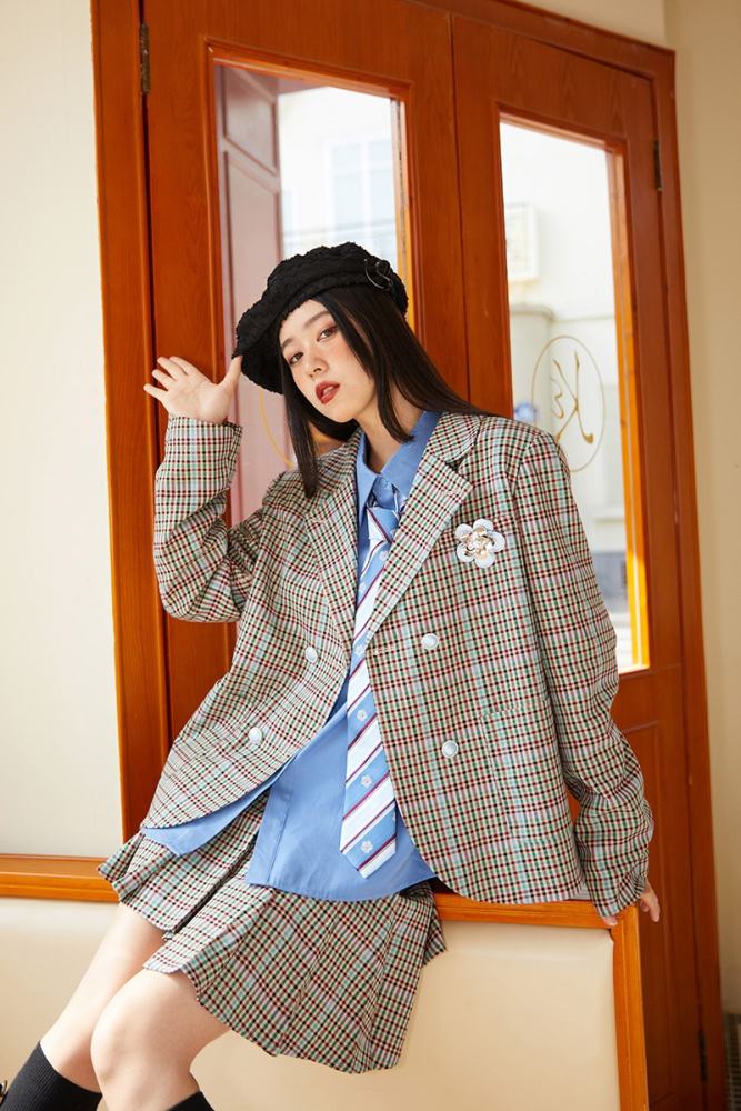 The Sunset Campus Plaid Coat Khaki Skirt Mori Kei Outfits