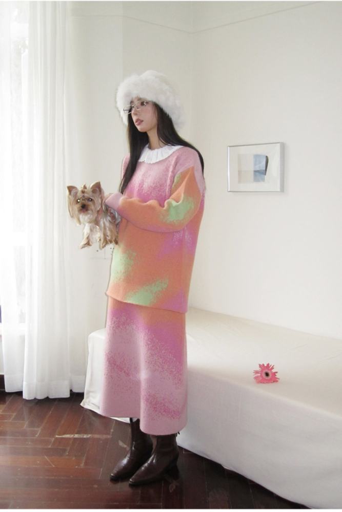 Ice Peach Gradient Colors Sweater Pink Skirt Mori Kei Style