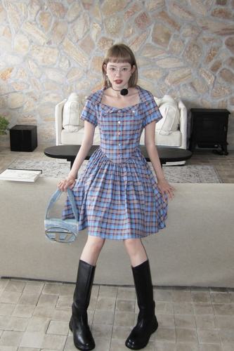 Sea Breeze Red Blue Plaid Lapel Dress Mori Kei Outfits