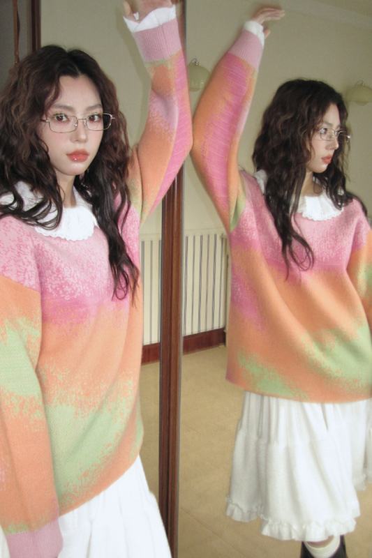 Ice Peach Gradient Colors Sweater Pink Skirt Mori Kei Style