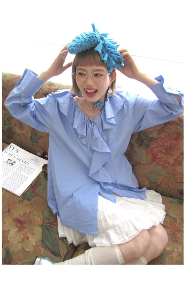 Simipita Lacework Collar Blue Blouse Mori Kei Fashion