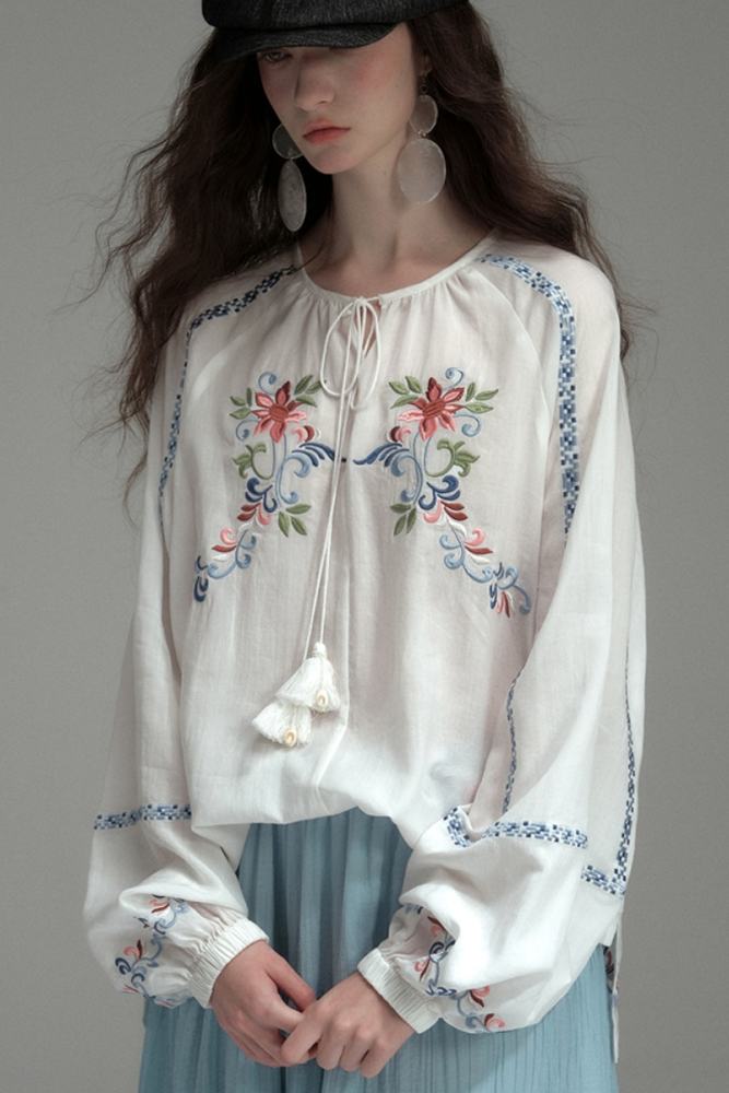 Thin Mist Embroidery White Blouse Mori Kei Clothing