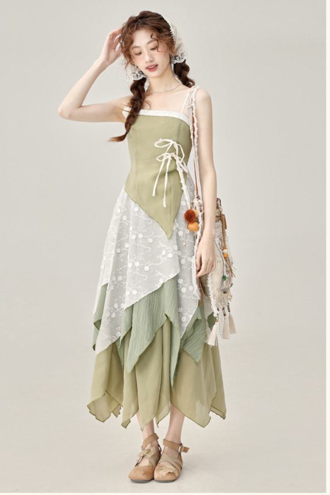 Wind Willow Irregular Sleeveless Green Dress Mori Kei Fashion