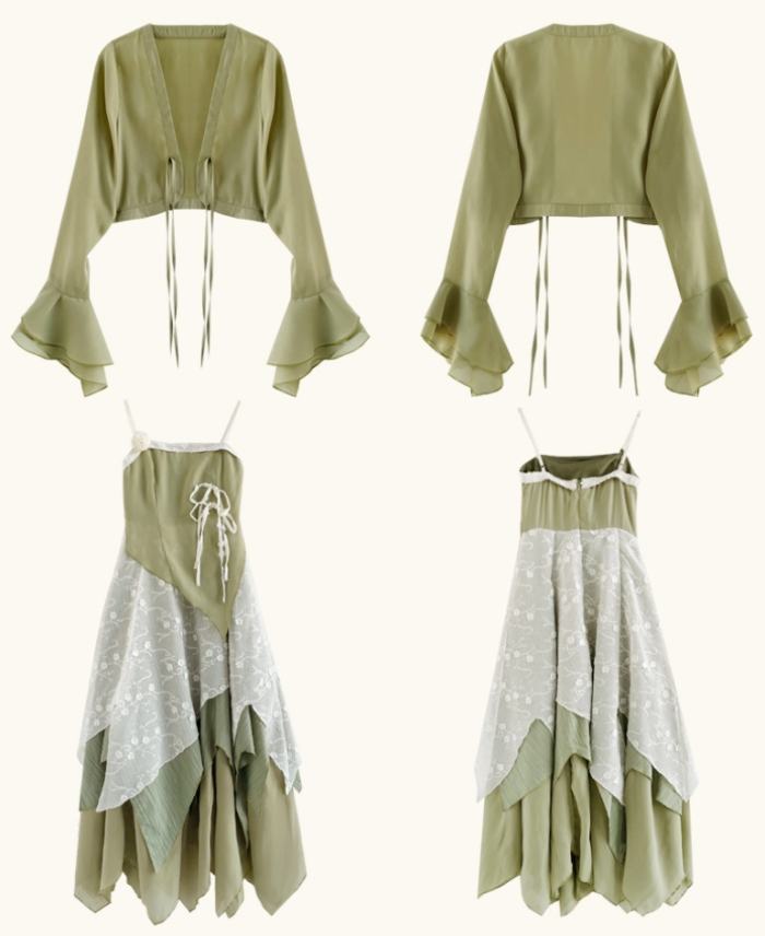 Wind Willow Irregular Sleeveless Green Dress Mori Kei Fashion