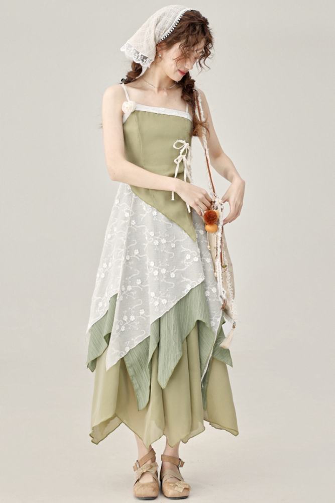 Wind Willow Irregular Sleeveless Green Dress Mori Kei Fashion