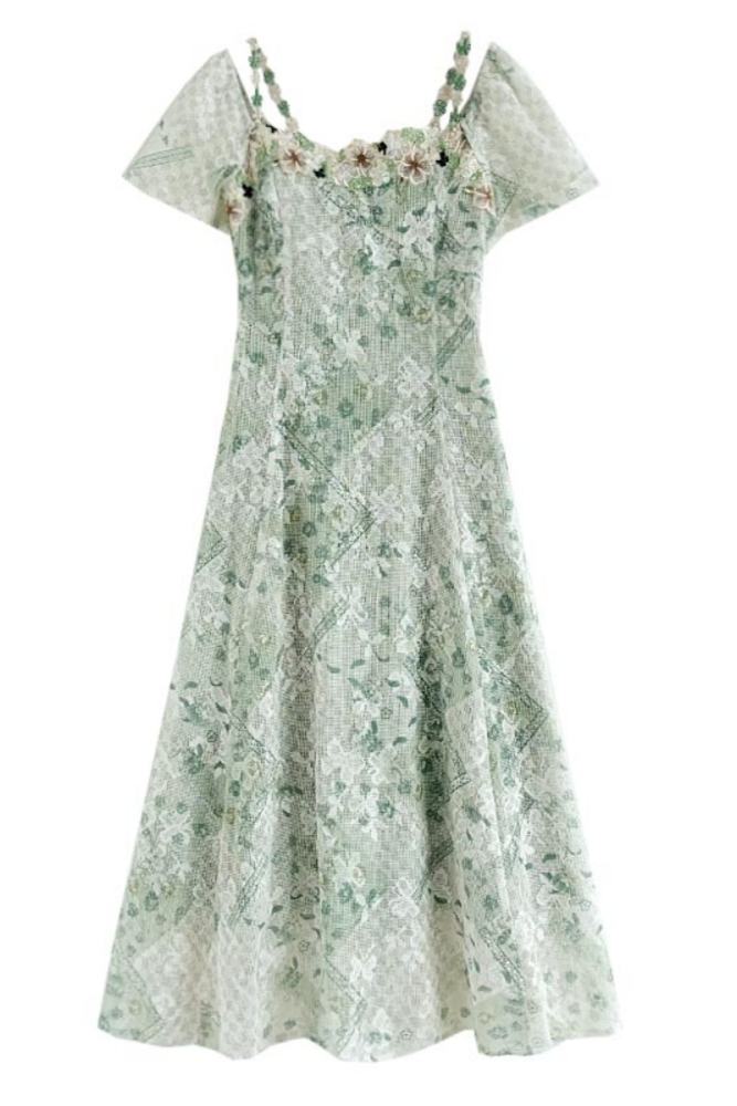 Dynamic Lime Flowers Mesh Green Dress Mori Kei Outfits