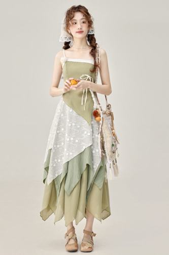 Wind Willow Irregular Sleeveless Green Dress Mori Kei Fashion