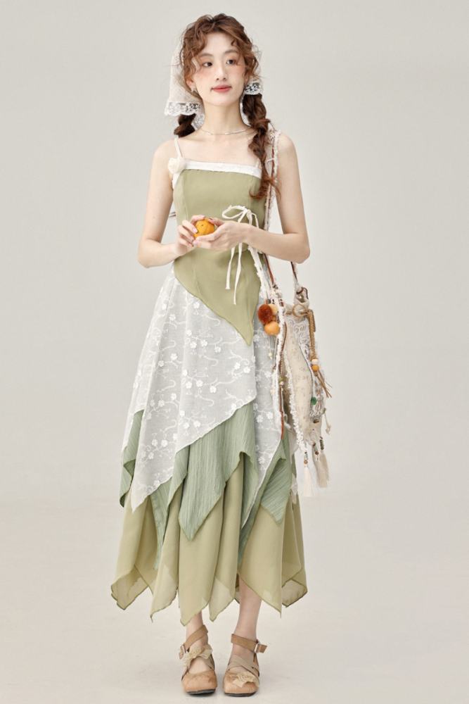 Wind Willow Irregular Sleeveless Green Dress Mori Kei Fashion