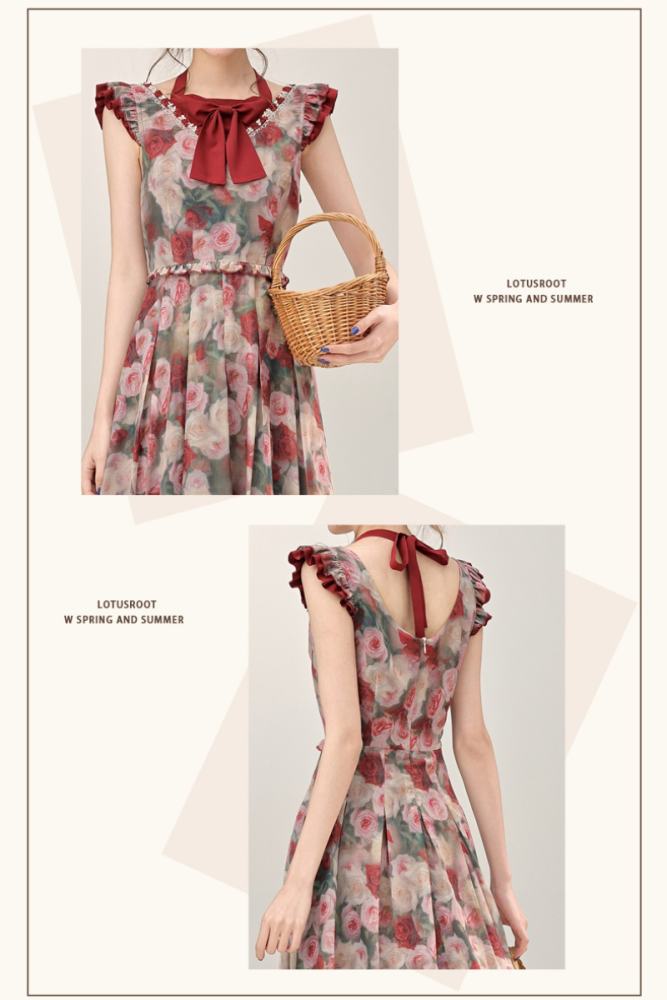 Rose Poetry French Print Red Dress Mori Kei Style