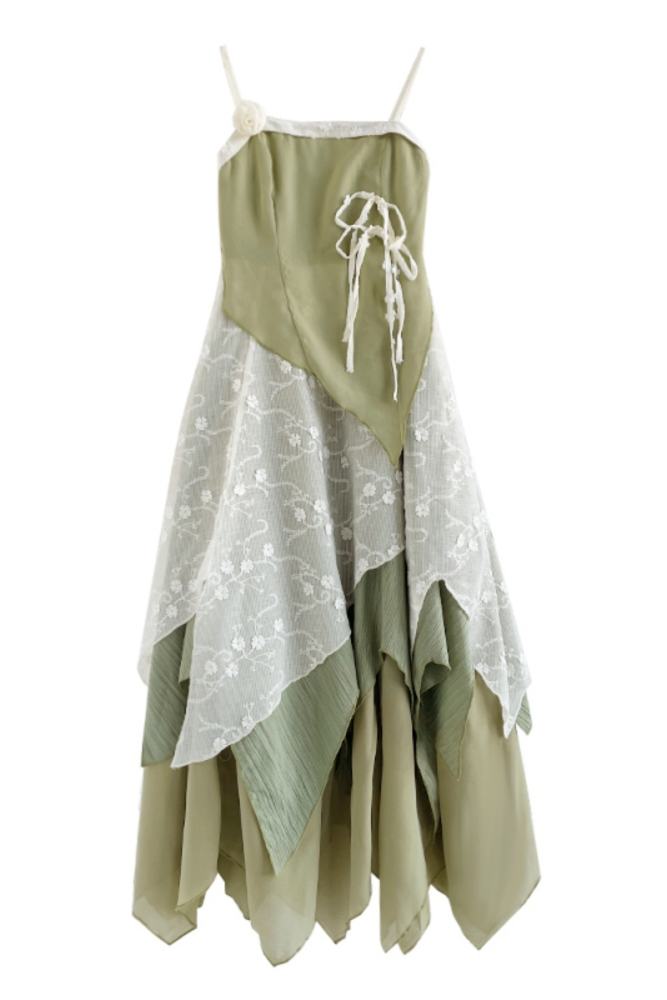 Wind Willow Irregular Sleeveless Green Dress Mori Kei Fashion