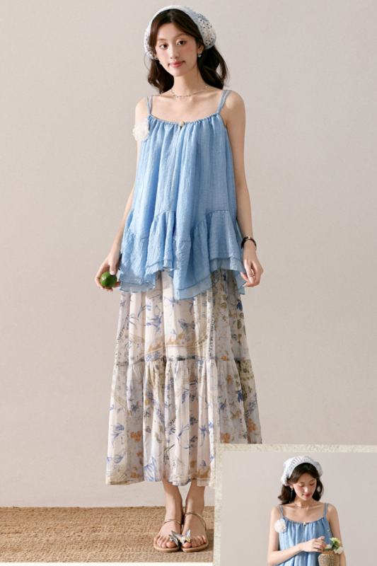 Coral Holiday Irregular Top Print Skirt Mori Kei Clothing