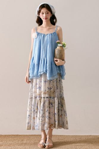 Coral Holiday Irregular Top Print Skirt Mori Kei Clothing